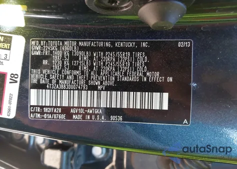 2013 Toyota Venza Le из США, поврежденный, VIN 4T3ZA3BB3DU074793